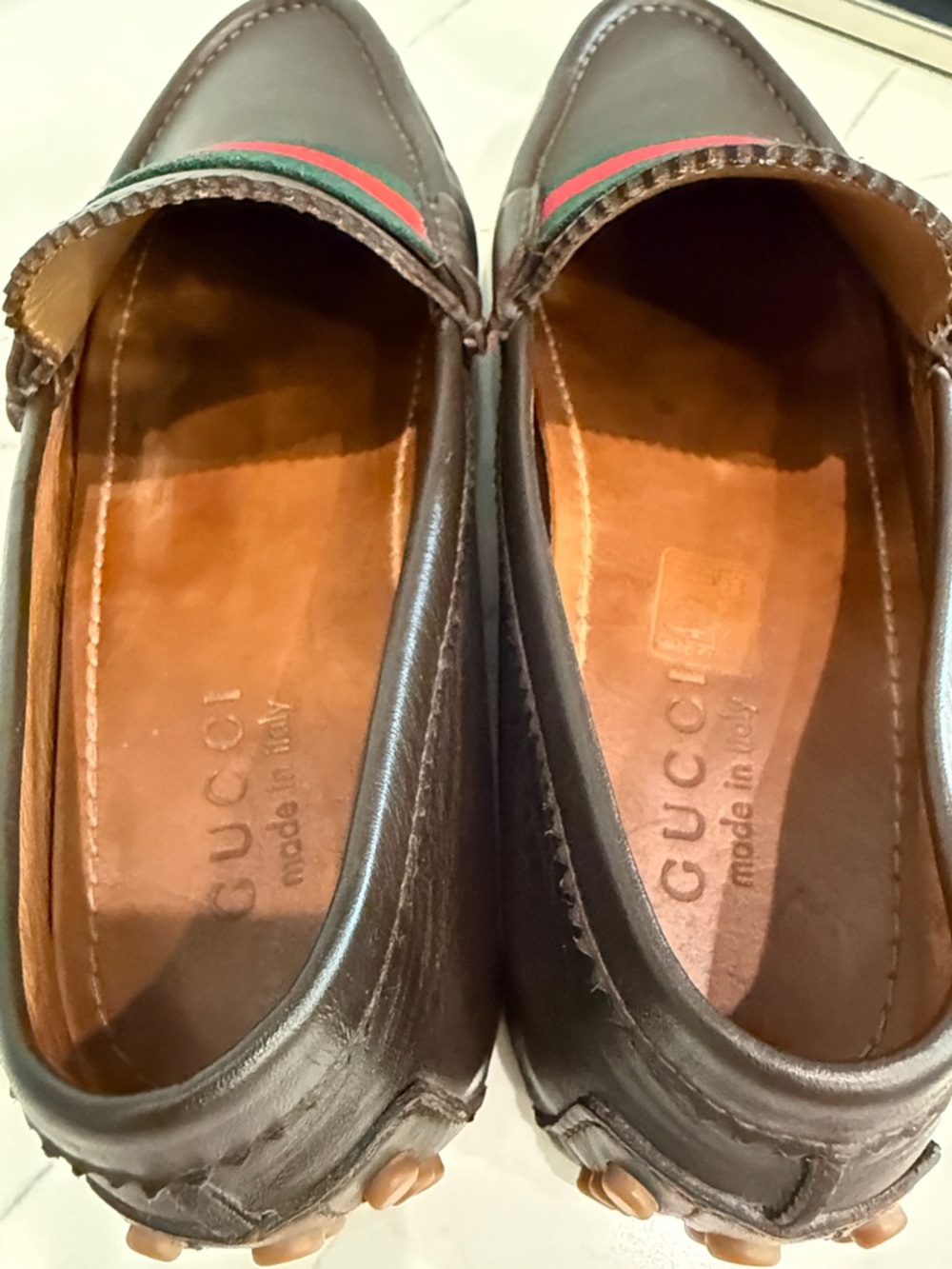 Gucci Brown Leather Slip-On Loafers with Green & Red Web Stripe - Picture 6 of 8